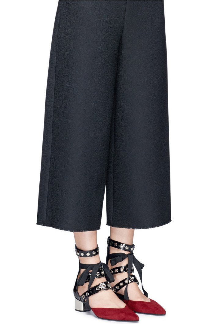 Self-Portrait x Robert Clergerie “Susa” Eyelet Strappy Suede Pumps in Dark Red and Black