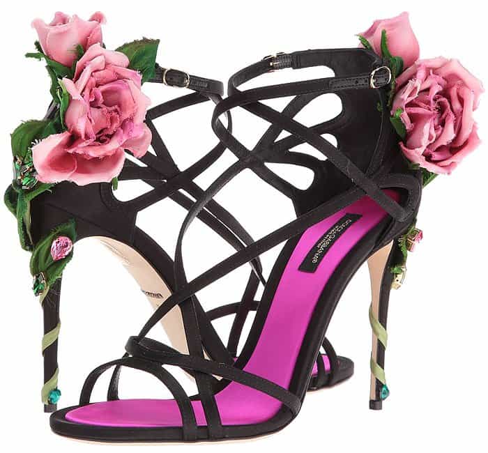 Dolce Gabbana Keira crystal-embellished pink rose vine heel satin sandals