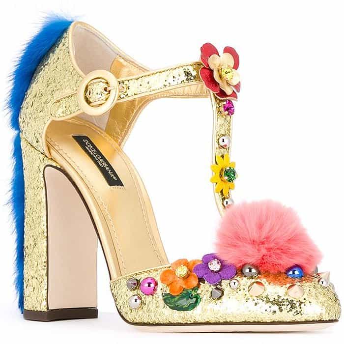 Dolce Gabbana Vally fur-trimmed glitter t-strap pumps