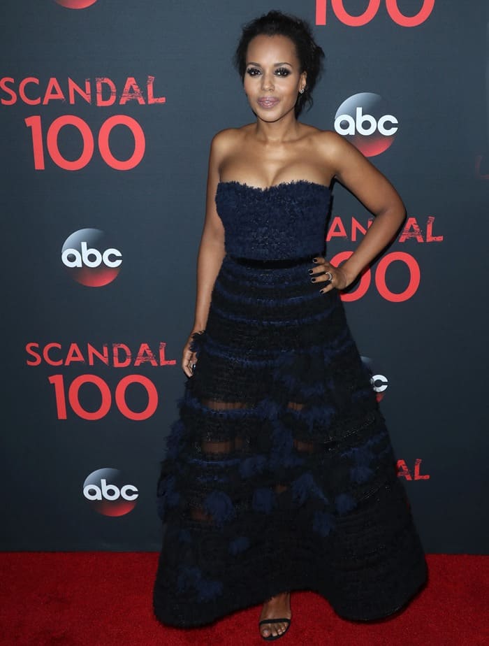 Kerry Washington stuns on the red carpet, showcasing her elegant style in a strapless J. Mendel Fall 2017 navy and black textured gown