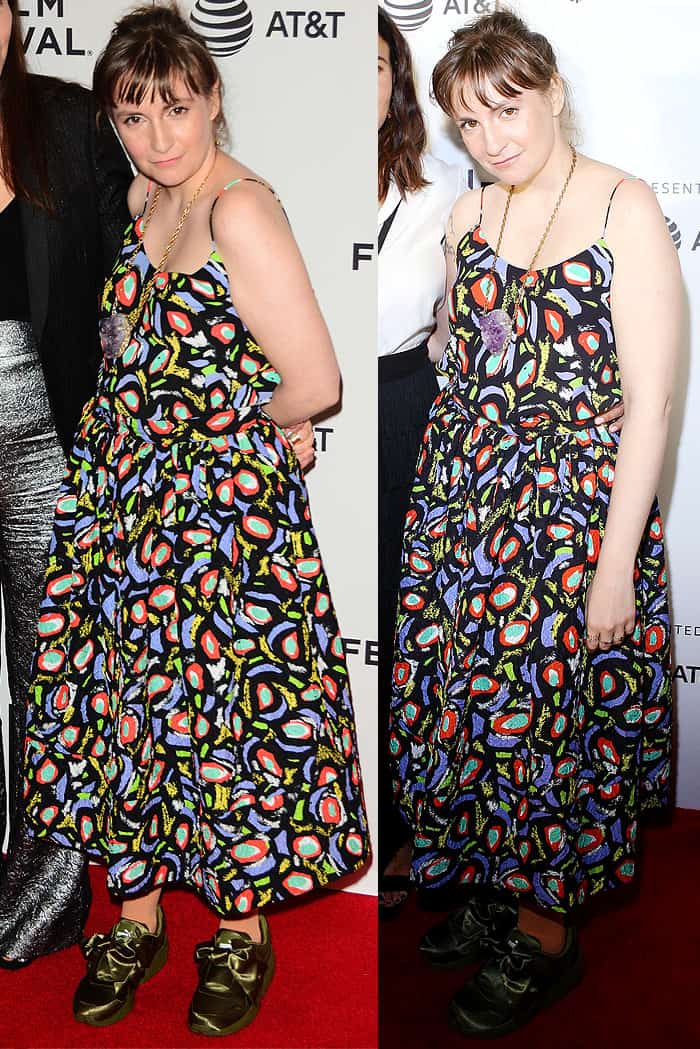 Lena Dunham attends the My Art premiere at the Tribeca Film Festival in a colorful abstract-print maxi dress paired with olive green Fenty Puma by Rihanna Bow Sneakers and a bold amethyst pendant necklace