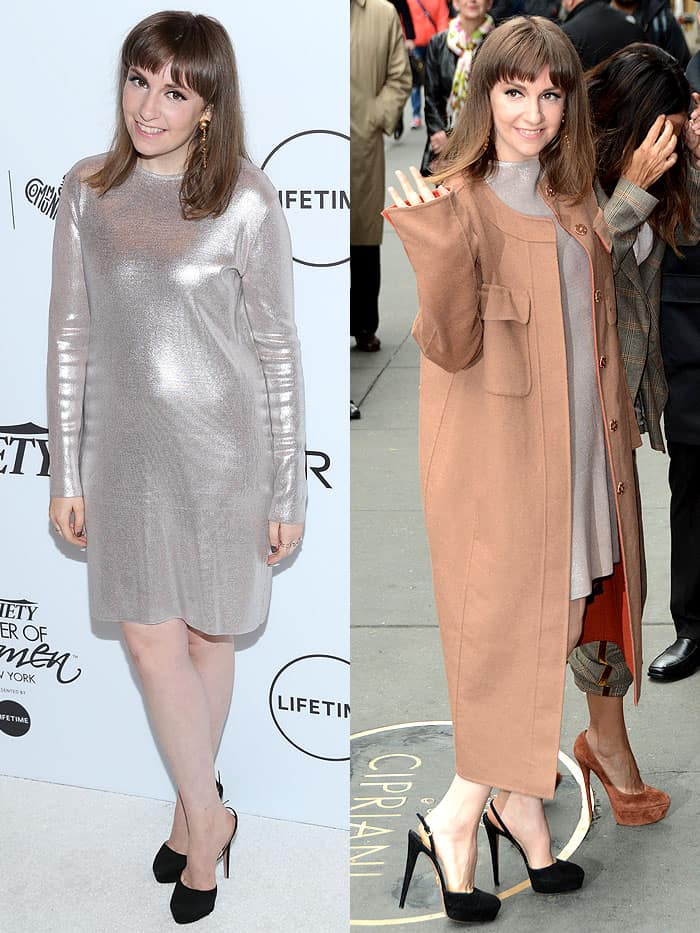 Lena Dunham shows her polished side at Variety’s Power of Women event in New York, wearing a metallic silver long-sleeved dress styled with black slingback pumps, retro bangs, and a subtle cat-eye