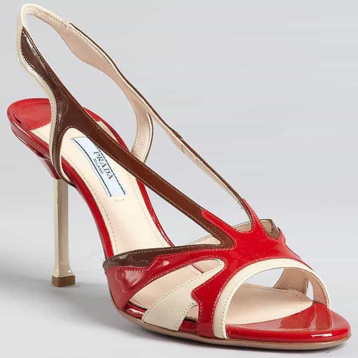 The Prada Spring 2012 colorblock sandal is a hallmark of "automotive chic," characterized by its bold primary colors and aerodynamic winglet heels
