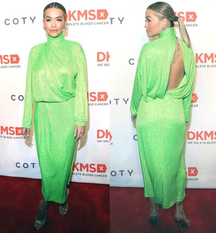 Rita Ora showcases the daring open-back design and high neckline of her neon Emilio Pucci gown at the 2017 DKMS Gala