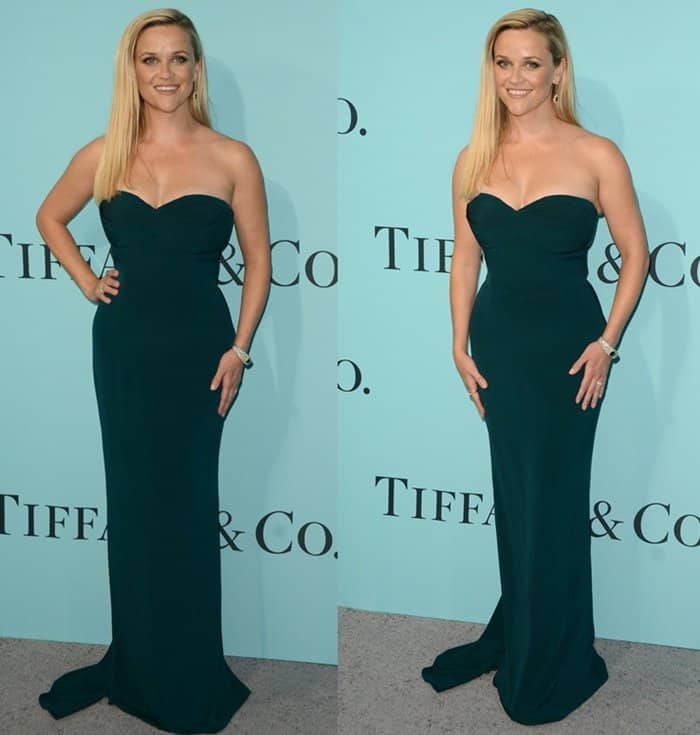 Reese Witherspoon stunned in a strapless emerald Brandon Maxwell gown, accessorized with sparkling Tiffany Co. diamond jewelry at the Blue Book Gala