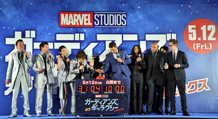 Japanese voice cast Kenichi Endo, Koji Kato, Sayaka Akimoto, Koichi Yamadera, Chris Pratt, Zoe Saldaña, Dave Bautista and director James Gunn attending the Tokyo Premiere of 'Guardians of the Galaxy Vol.2' at Brillia Running Stadium in Tokyo, Japan, on April 10, 2017