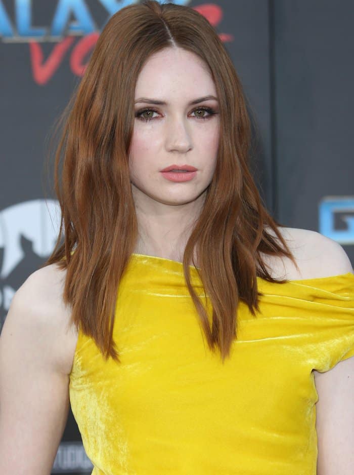 Close-up of Karen Gillan wearing a yellow velvet top at the “Guardians of the Galaxy Vol. 2” premiere