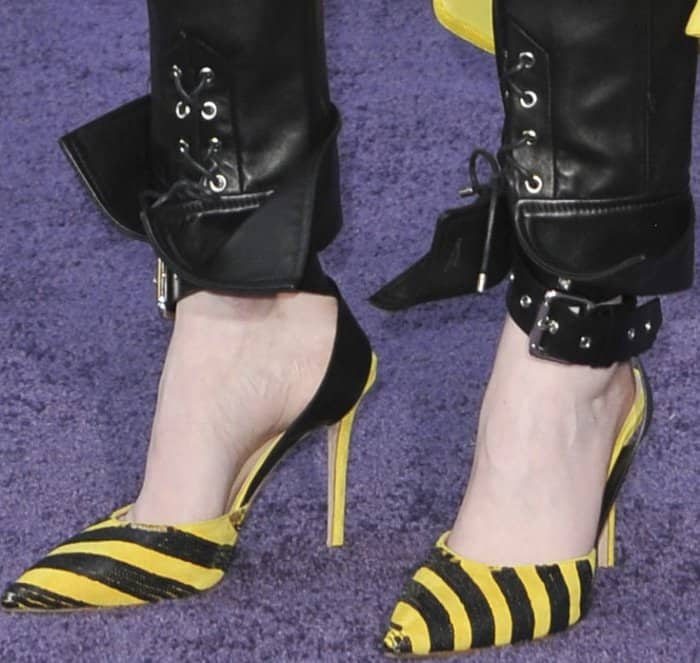 Close-up of Karen Gillan's pointed-toe ankle-strap pumps at the "Guardians of the Galaxy Vol. 2" world premiere