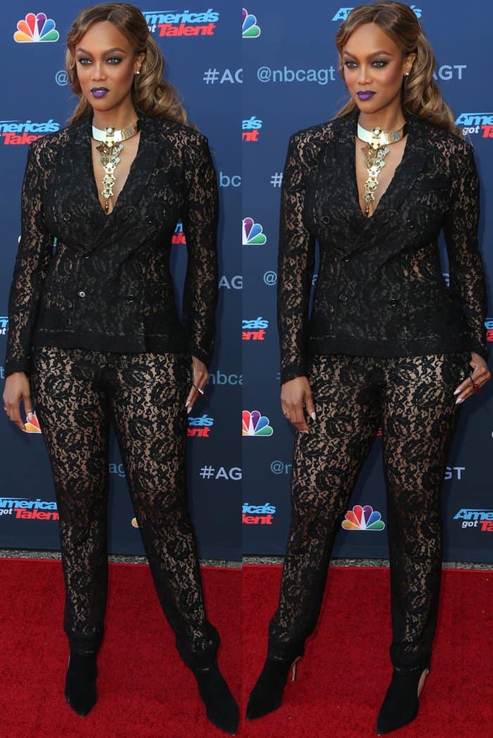 Side-by-side close-ups highlight Tyra’s intricate lace tailoring, bold purple lipstick, and dramatic metallic neckpiece against the AGT step-and-repeat backdrop