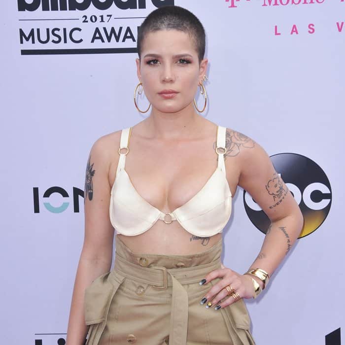 Halsey's high-waisted brown skirt by Juun J