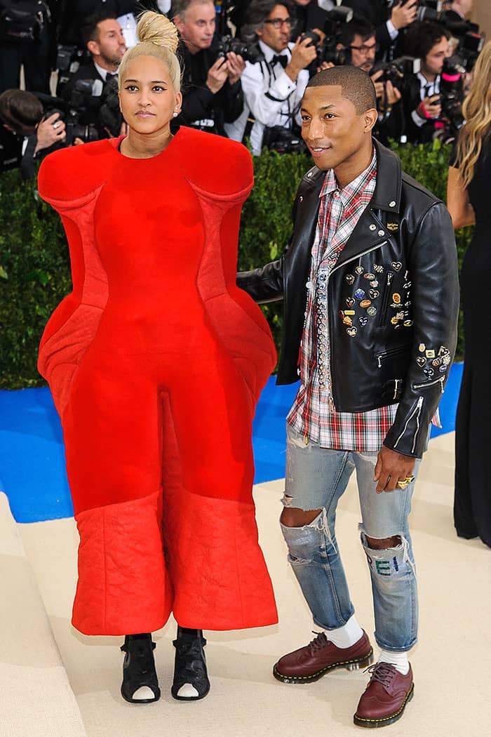 Helen Lasichanh and Pharrell Williams arriving at the 2017 Metropolitan Costume Institute Benefit Gala