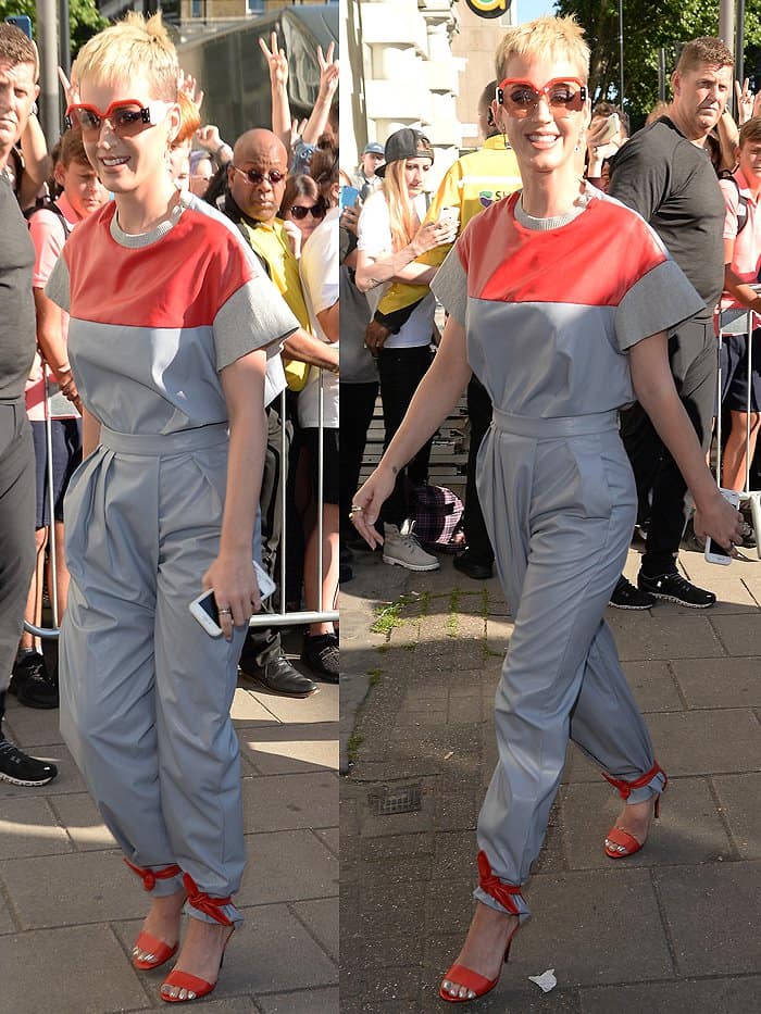 Katy Perry's red leather sandals with the ankle ties knotted over the hem of her pants