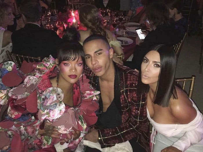 Rihanna, Olivier Rousteing, and Kim Kardashian pose for a glam moment at the 2017 Met Gala after-party