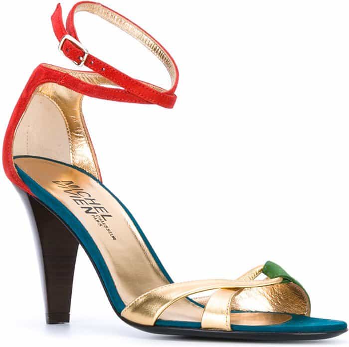 Michel Vivien’s “Pomezia” sandals showcased the designer’s signature balance of wearable heel height, vibrant color blocking, and elegant Italian craftsmanship