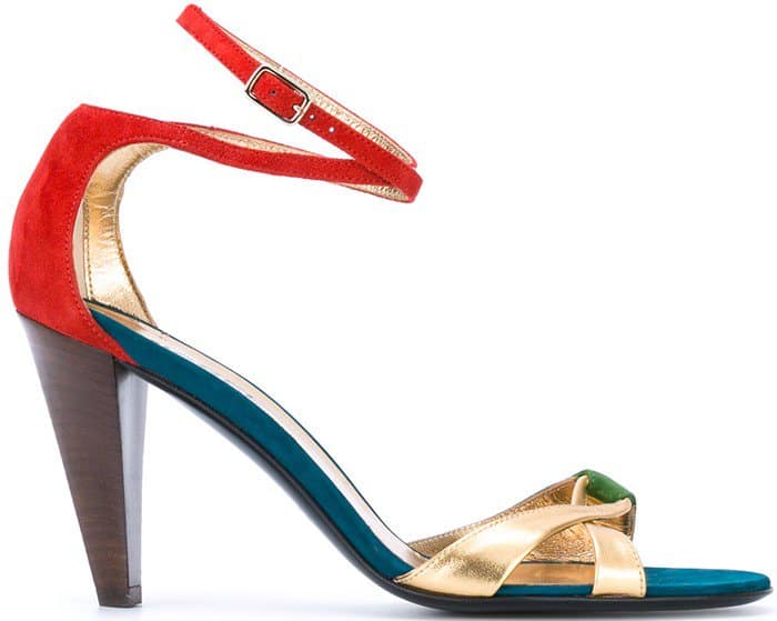 Michel Vivien’s “Pomezia” sandals showcased the designer’s signature balance of wearable heel height, vibrant color blocking, and elegant Italian craftsmanship