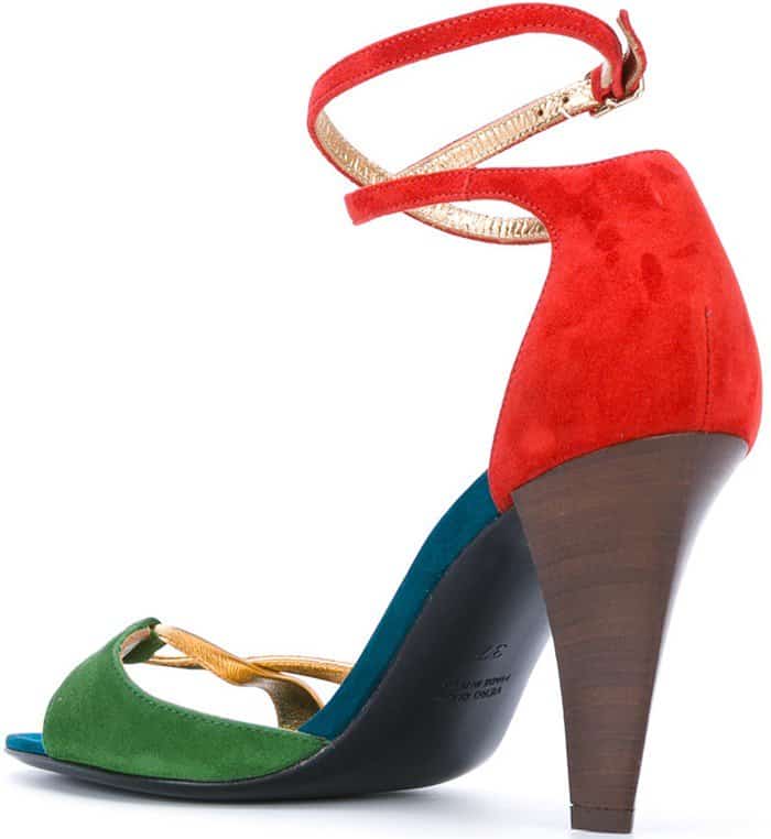 Michel Vivien’s “Pomezia” sandals showcased the designer’s signature balance of wearable heel height, vibrant color blocking, and elegant Italian craftsmanship