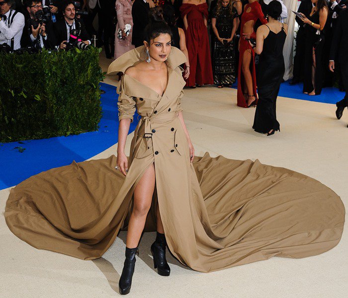 Priyanka Chopra wearing a gorgeous trench coat dress at the 2017 Metropolitan Costume Institute Benefit Gala held at the Metropolitan Museum of Art in New York City, on May 1, 2017