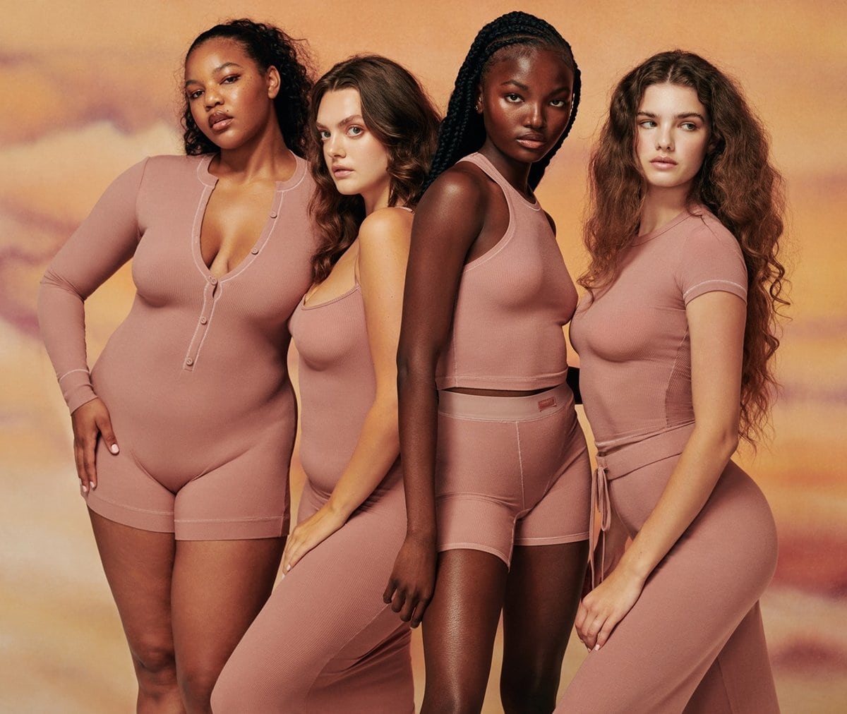 Kim Kardashian’s Skims shapewear, modeled here in a signature neutral palette, has faced criticism for outsourcing production to Turkey despite her Armenian heritage