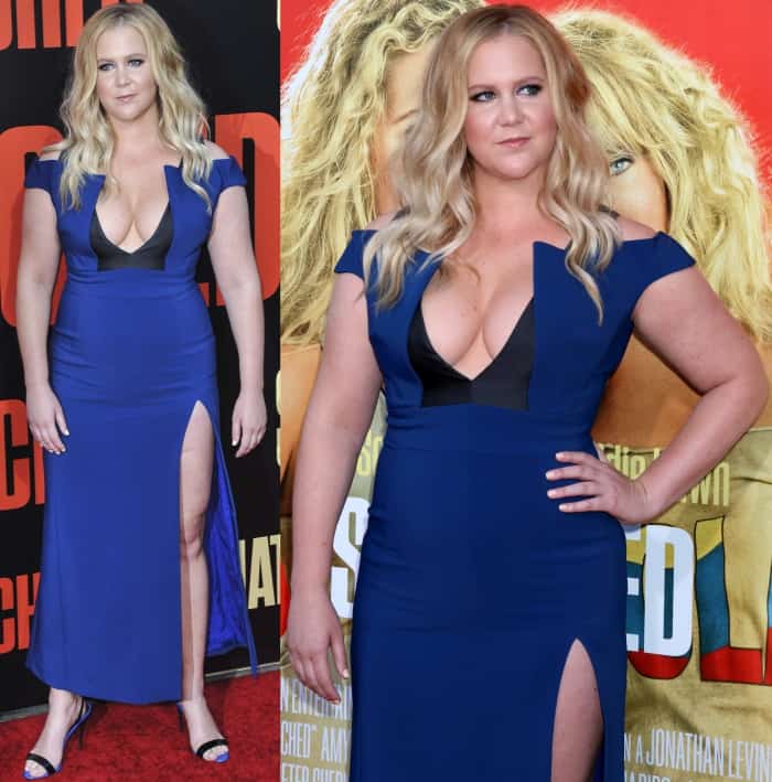 Amy Schumer coordinated her cobalt-blue Antonio Berardi dress with matching blue-and-black Giuseppe Zanotti “Sophie” sandals on the red carpet