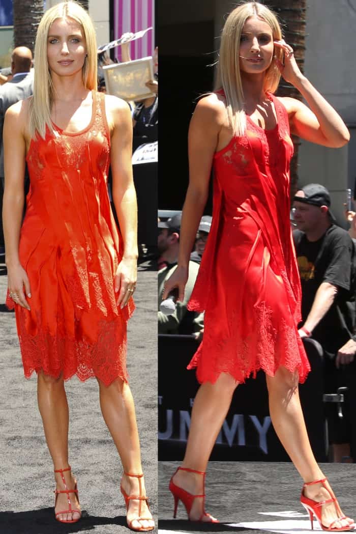 Annabelle Wallis stuns in a bold Givenchy Fall 2017 all-red silk satin dress with intricate lace detailing