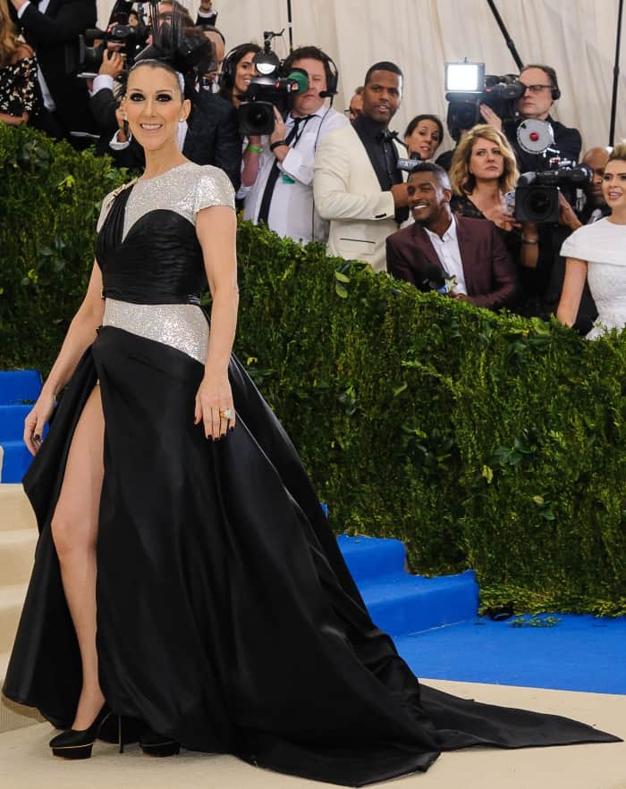 Céline Dion made her Met Gala debut in a striking custom Atelier Versace gown paired with Charlotte Olympia Paloma pumps, bringing avant-garde glamour to the 2017 red carpet