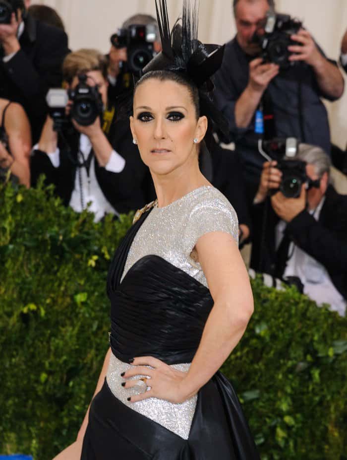 Céline Dion’s dramatic sculptural updo and bold eye makeup brought an edgy, avant-garde twist to her shimmering Atelier Versace ensemble