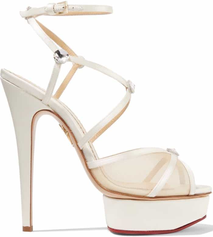 Charlotte Olympia “Isadora” Embellished Satin and Mesh Sandals