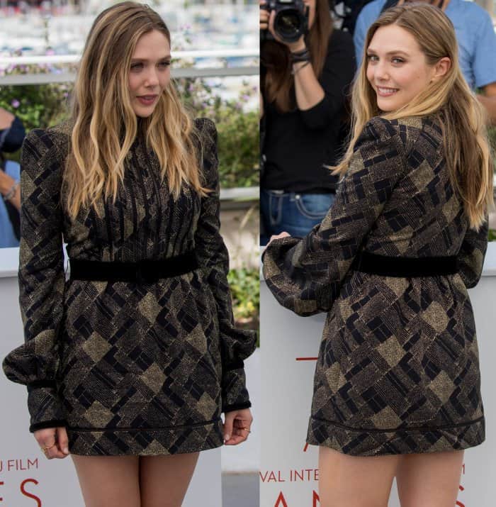 Elizabeth Olsen wearing a Marc Jacobs turtleneck mini dress and Nicholas Kirkwood "Leda" pumps at the 70th Cannes Film Festival "Wind River" Photocall