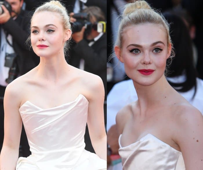 Elle Fanning wearing a custom Vivienne Westwood ball gown and Christian Louboutin shoes at the 70th Cannes Film Festival "Ismael's Ghosts" premiere