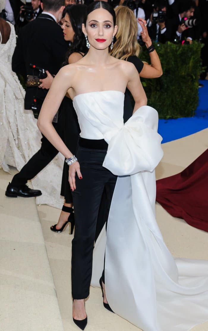 Emmy Rossum wearing a custom Carolina Herrera look and Christian Louboutin heels at the 2017 Met Gala