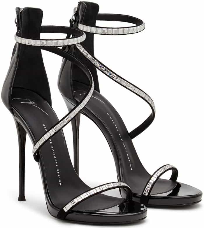 Giuseppe Zanotti “Calliope” Black Patent Sandals with Crystal Snake Embellishment