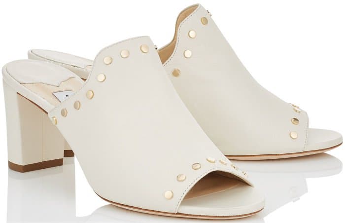 Jimmy Choo “Myla” White Nappa Leather Mules with Gold Studs
