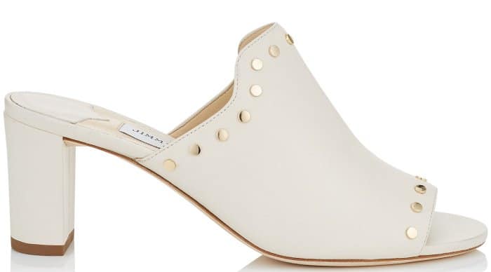 Jimmy Choo “Myla” White Nappa Leather Mules with Gold Studs