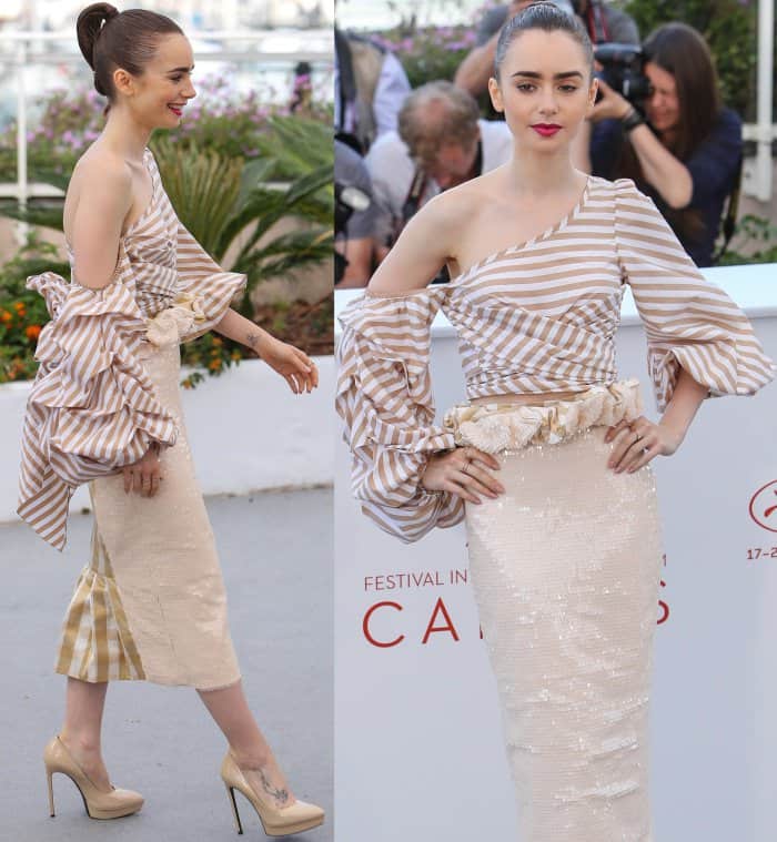 Lily Collins wearing a Johanna Ortiz ensemble and Saint Laurent "Janis" pumps at the 70th Cannes Film Festival "Okja" photocall