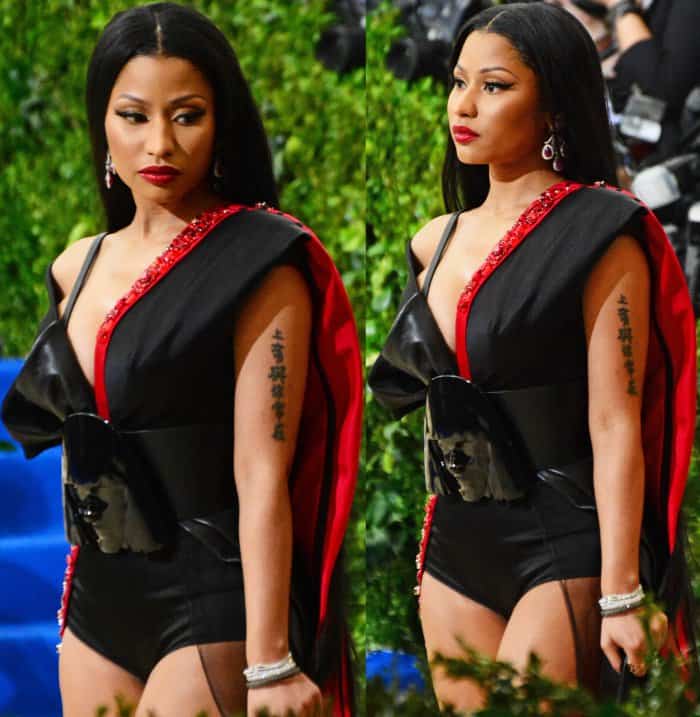 Nicki Minaj wearing a custom HM gown and Versace "Medusa" platform sandals at the 2017 Met Gala