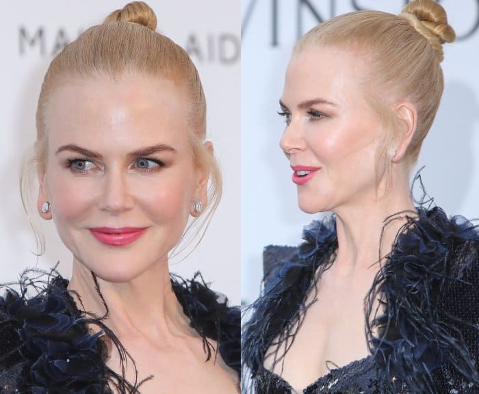 A sleek topknot, soft pink makeup, and minimal jewelry keep the ornate Chanel detailing refined rather than overwhelming