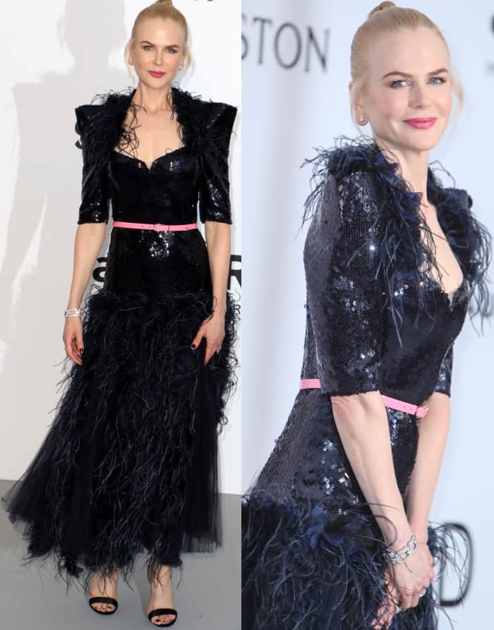 Wearing a Chanel Pre-Fall 2017 black sequin dress with feather embellishments, Nicole Kidman sharpens the look with Giuseppe Zanotti black “Georgine” sandals