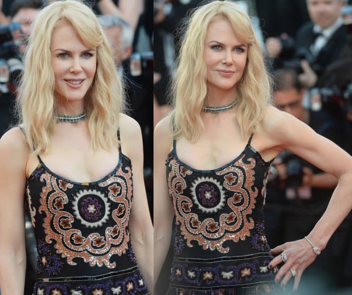 Nicole Kidman wearing an Armani Privè dress and black strappy heels at the 70th Cannes Film Festival Anniversary Gala