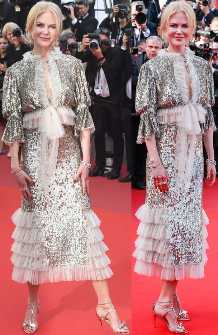 A silver-sequined gown softened with ruffled tulle panels is grounded by sleek metallic ankle-strap sandals, creating a balanced red-carpet silhouette that feels light yet controlled