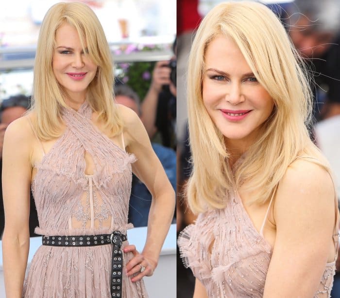 Delicate makeup and loose blonde layers keep the focus refined