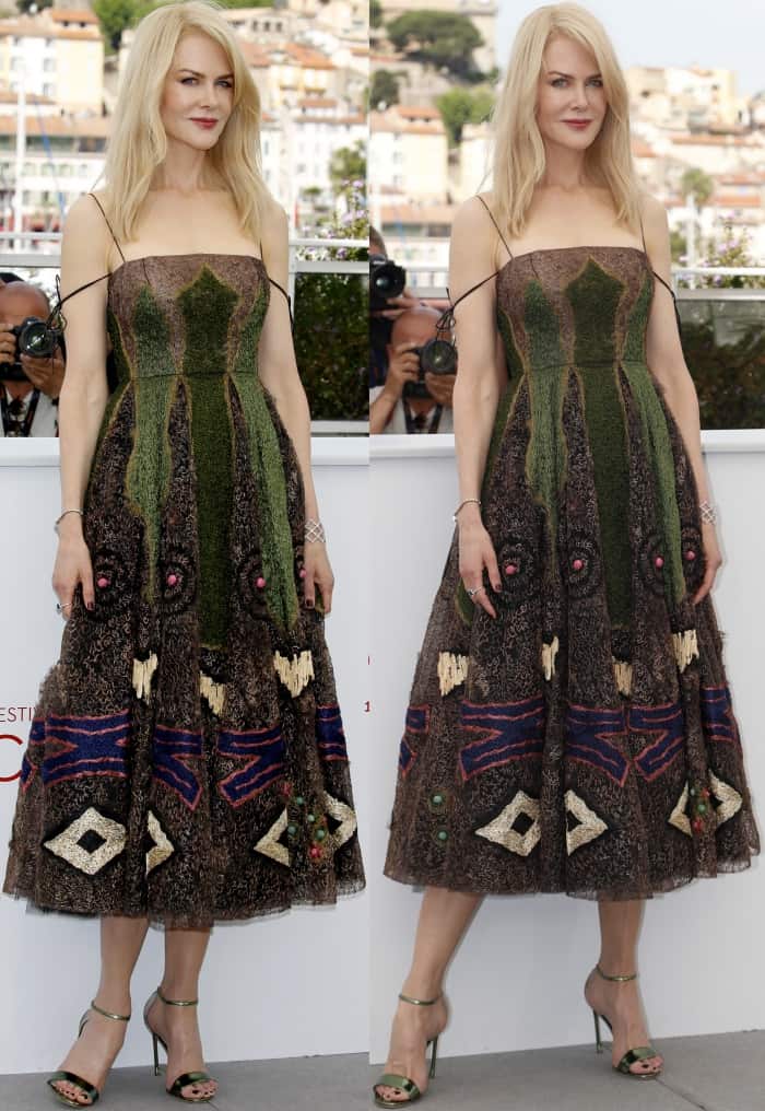 The richly textured, embroidered dress is sharpened by metallic green ankle-strap heels that bring clarity and structure to the intricate silhouette