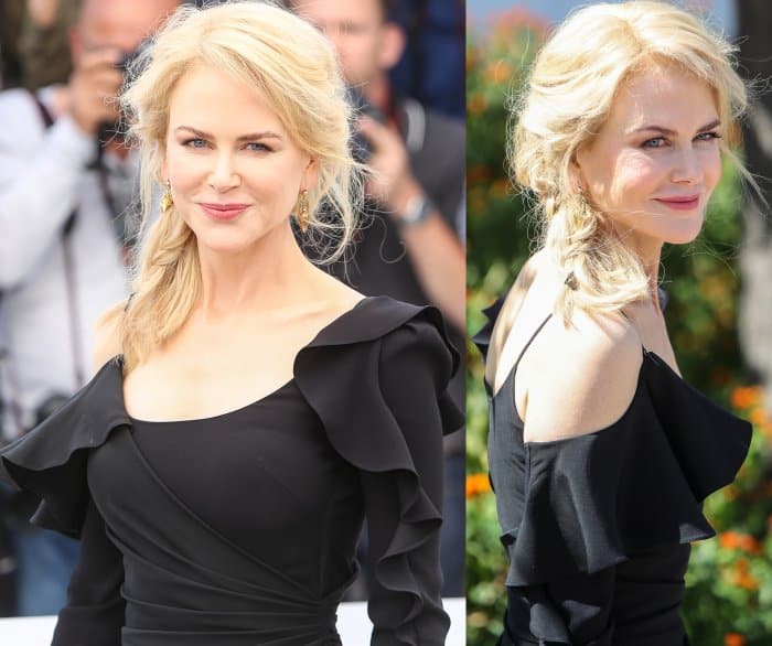 Loose braids, minimal jewelry, and natural makeup echo the restrained elegance