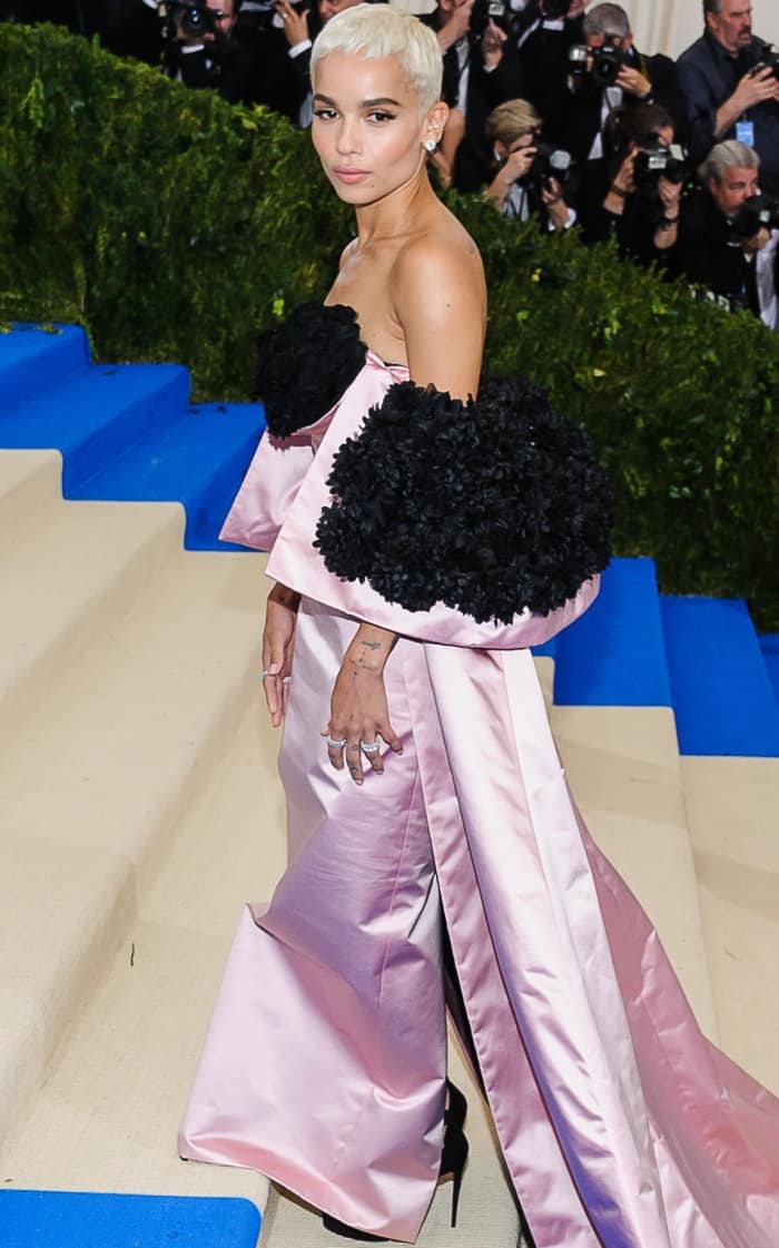 Zoë Kravitz channels modern Audrey Hepburn elegance at the 2017 Met Gala in a Laura Kim and Fernando Garcia–designed Oscar de la Renta gown adorned with hand-embroidered preserved black roses, styled with Tacori jewels and black strappy Christian Louboutin heels