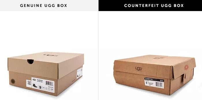 Authentic UGG boots are packaged in sturdy, high-quality cardboard boxes, while counterfeit boxes are often flimsy, poorly constructed, or incorrectly designed