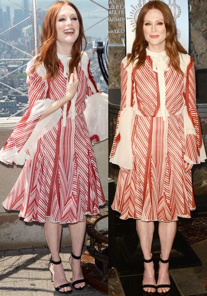 Julianne Moore balances the movement of her red-and-ivory striped dress with sleek black ankle-strap heels, letting the minimalist sandals ground the look while subtly elongating her legs