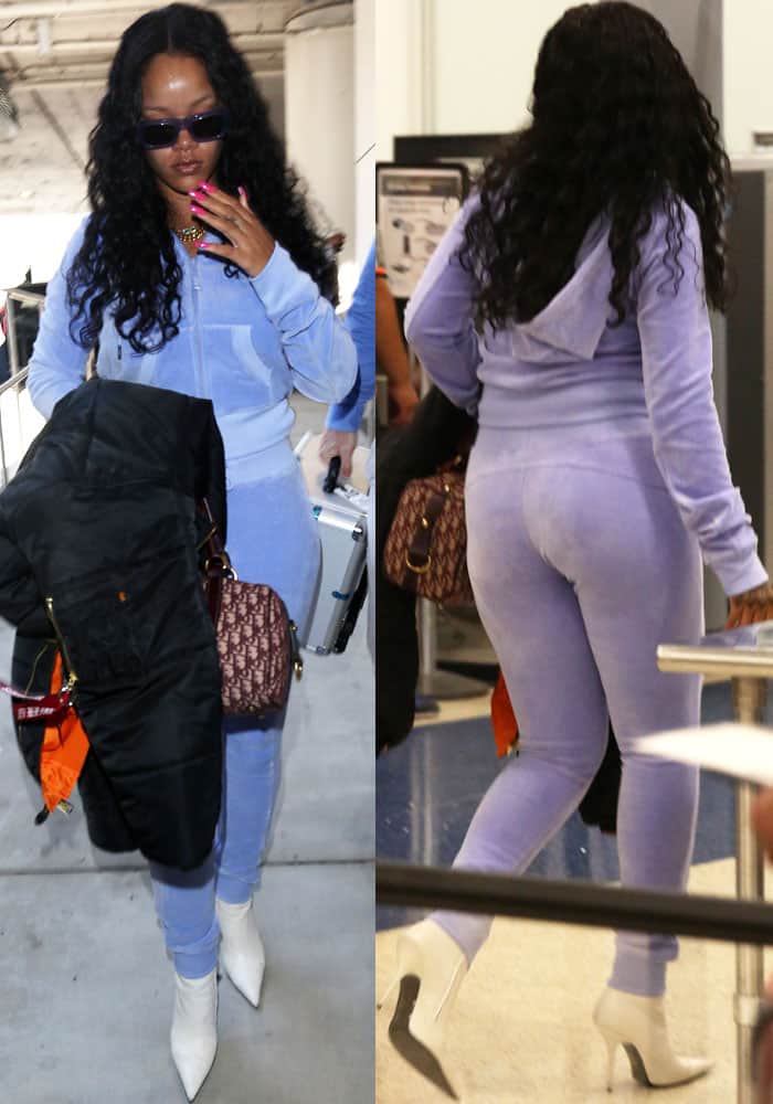 Rihanna effortlessly blends comfort and style in her lavender Fenty x Puma tracksuit, Dior saddle bag, and Balenciaga ankle boots as she navigates LAX