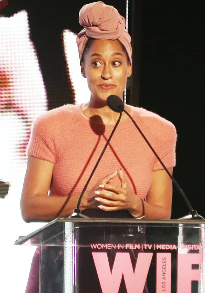 Tracee Ellis Ross delivers her heartfelt acceptance speech at the 2017 Women In Film Crystal + Lucy Awards, radiating confidence in a blush pink knit top and matching turban