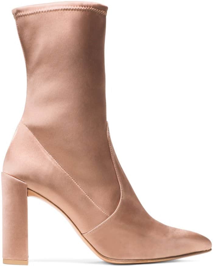 Stuart Weitzman "Clinger" Booties in Adobe Stretch Satin