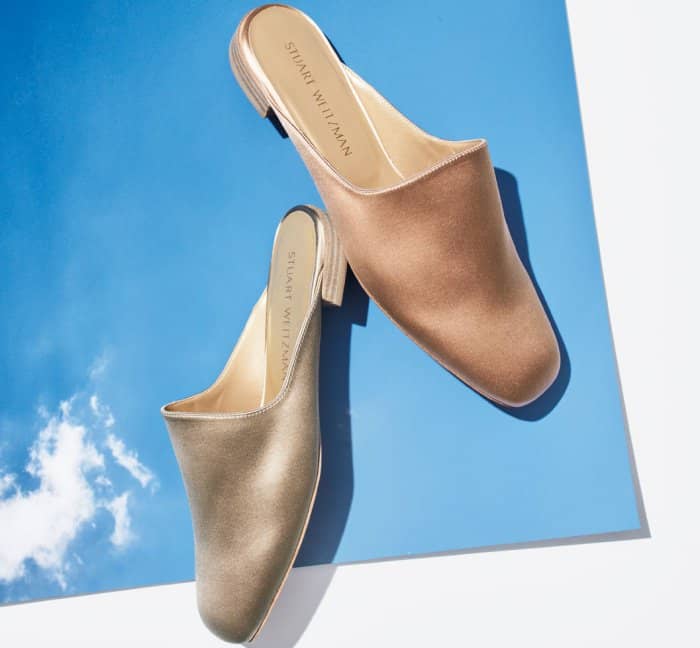 Stuart Weitzman “Mulearky” Flats in Blush and Taupe Satin