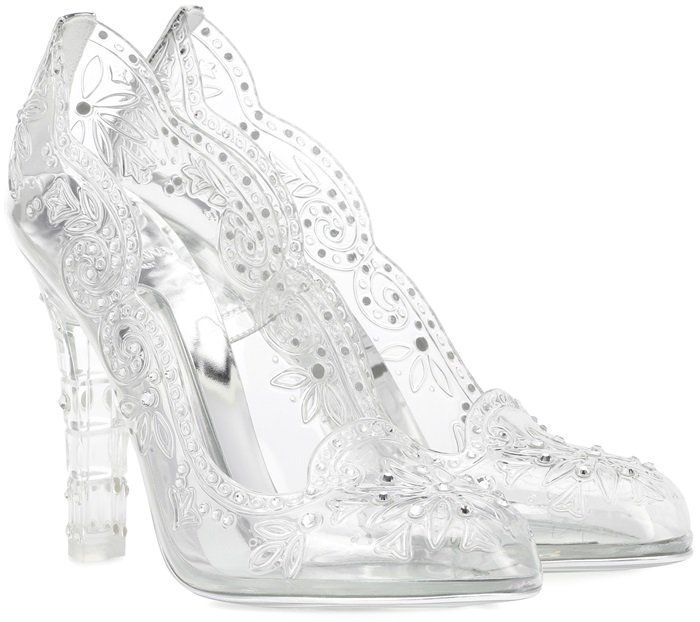 Dolce Gabbana “Bette” Cinderella pumps in clear plexiglass, detailed with etched floral motifs, crystal accents, and sculpted transparent heels